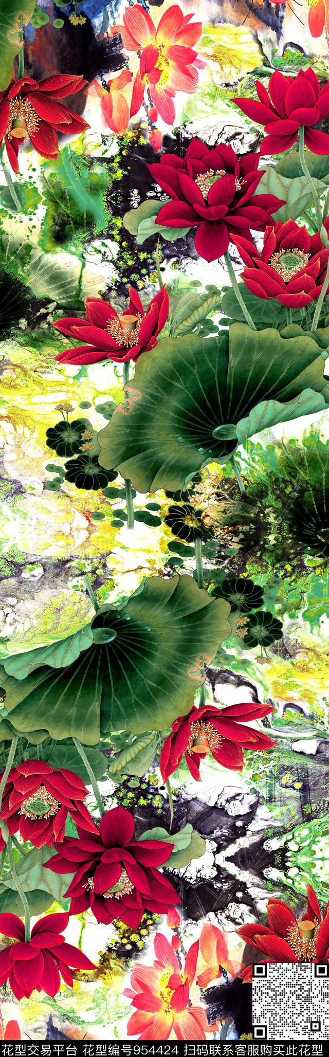 民族花卉荷花披肩长巾数码印花华亿平台下载（图片编号: 954424） - 瓦栏（Walan）