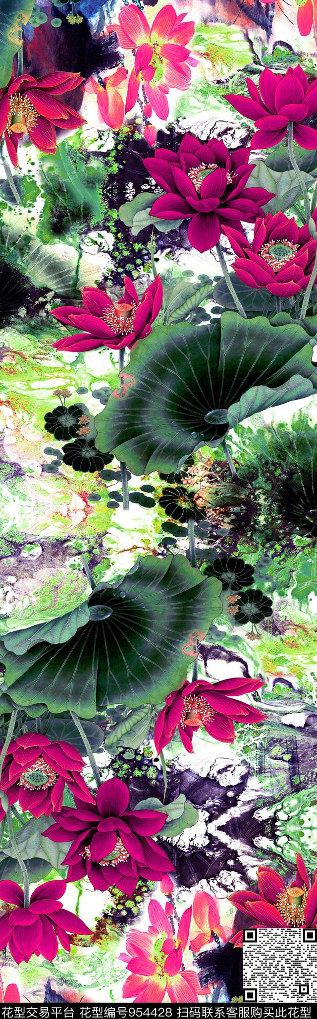 民族花卉荷花披肩长巾数码印花华亿平台下载（图片编号: 954428） - 瓦栏（Walan）