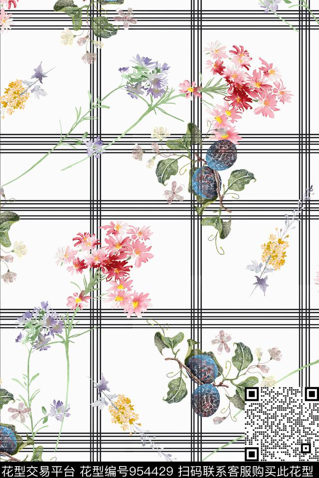 线条手绘花卉大牌风数码印花华亿平台下载（图片编号: 954429） - 瓦栏（Walan）