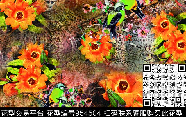 淑女花卉动物数码印花华亿平台下载（图片编号: 954504） - 瓦栏（Walan）