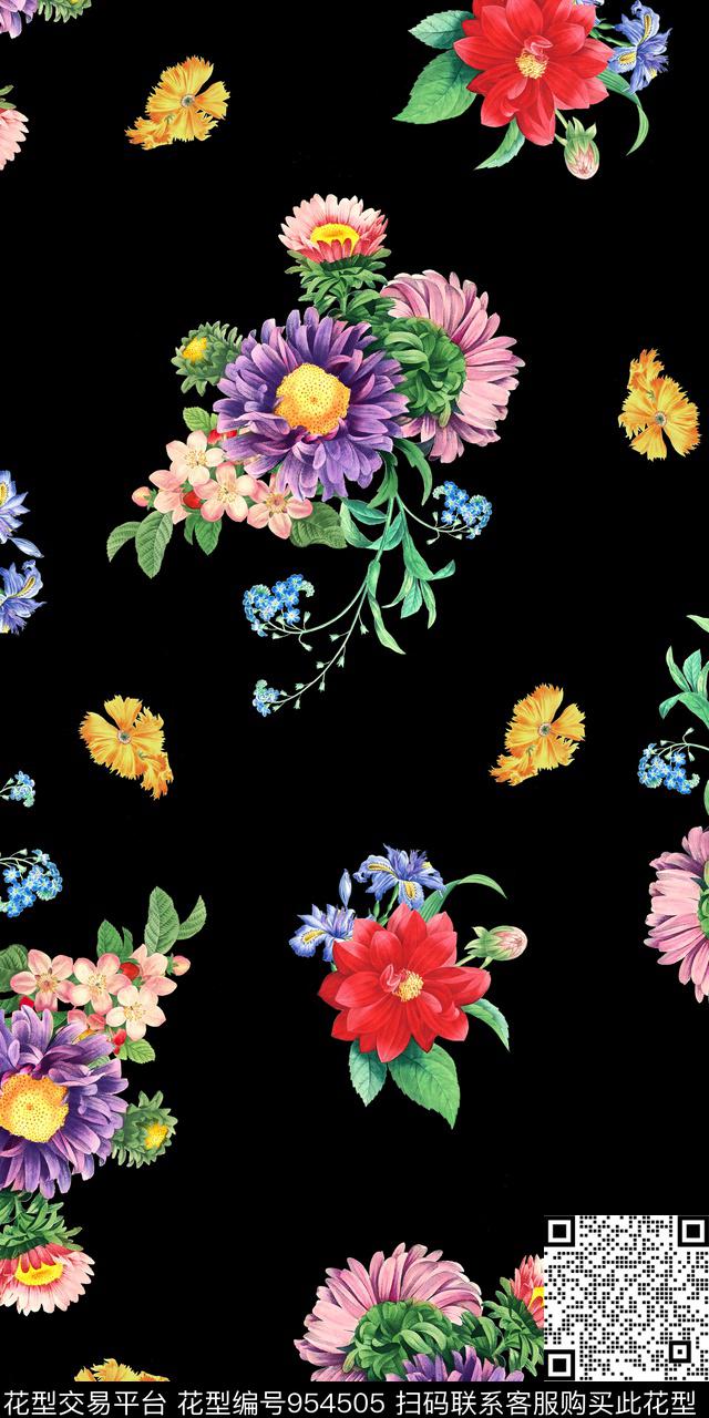 黑底花卉小碎花手绘花卉数码印花华亿平台下载（图片编号: 954505） - 瓦栏（Walan）