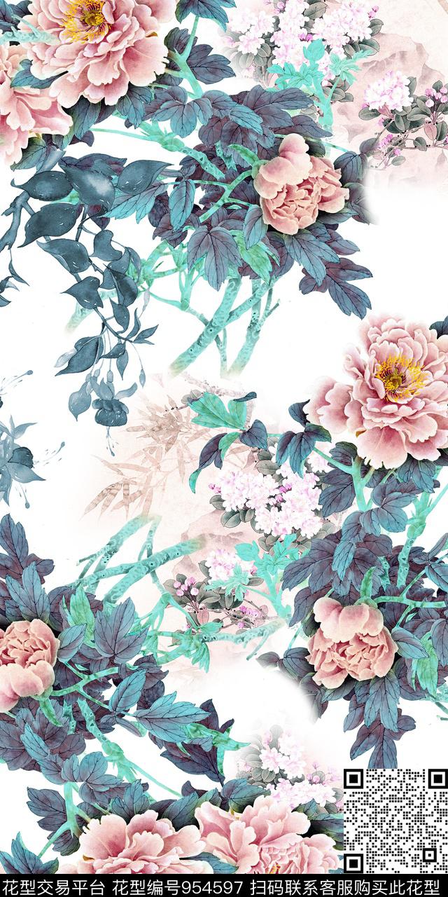手绘花卉牡丹满版散花数码印花华亿平台下载（图片编号: 954597） - 瓦栏（Walan）