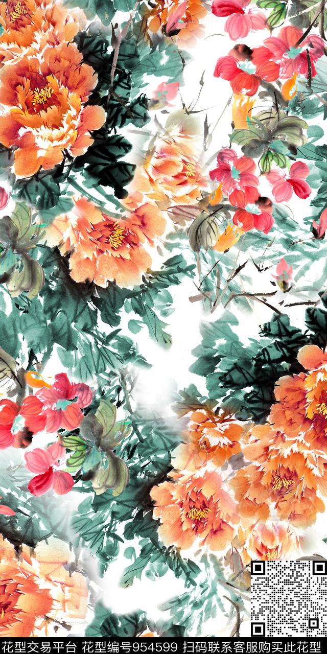 手绘花卉牡丹水墨风数码印花华亿平台下载（图片编号: 954599） - 瓦栏（Walan）