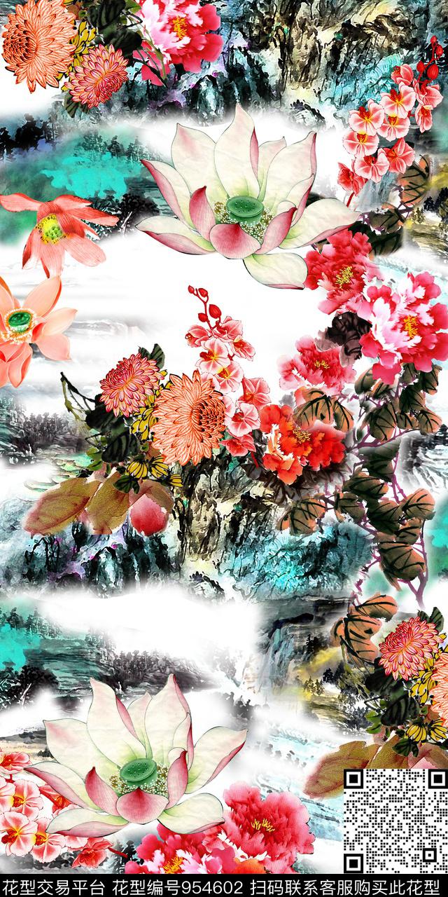 手绘花卉水墨风荷花数码印花华亿平台下载（图片编号: 954602） - 瓦栏（Walan）