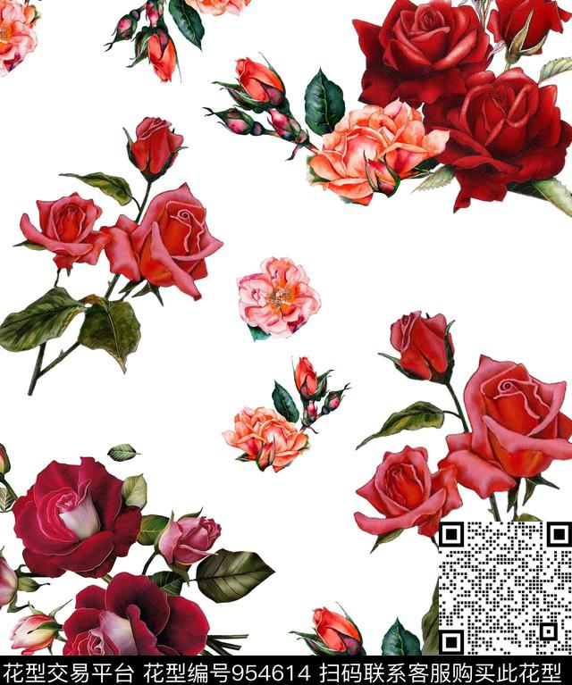 手绘玫瑰鲜花旗袍数码印花数码印花华亿平台下载（图片编号: 954614） - 瓦栏（Walan）