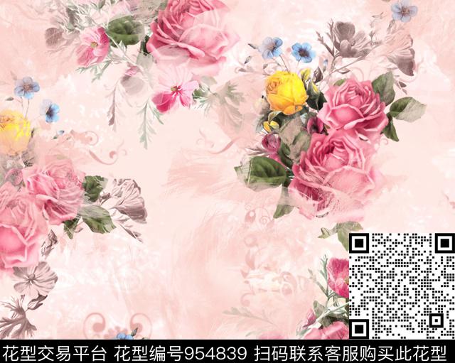 泼墨花卉大牌风数码印花华亿平台下载（图片编号: 954839） - 瓦栏（Walan）