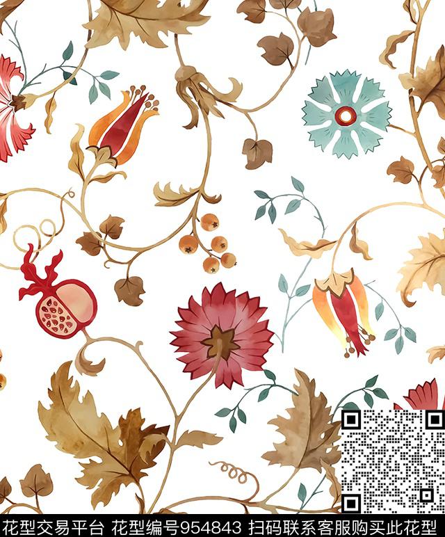 创意手绘花卉女装数码印花华亿平台下载（图片编号: 954843） - 瓦栏（Walan）