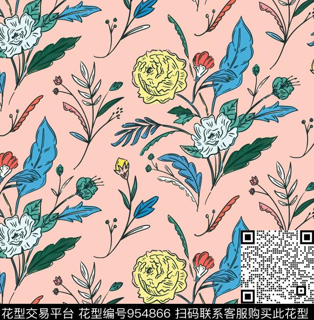 手绘花卉女装花卉数码印花华亿平台下载（图片编号: 954866） - 瓦栏（Walan）