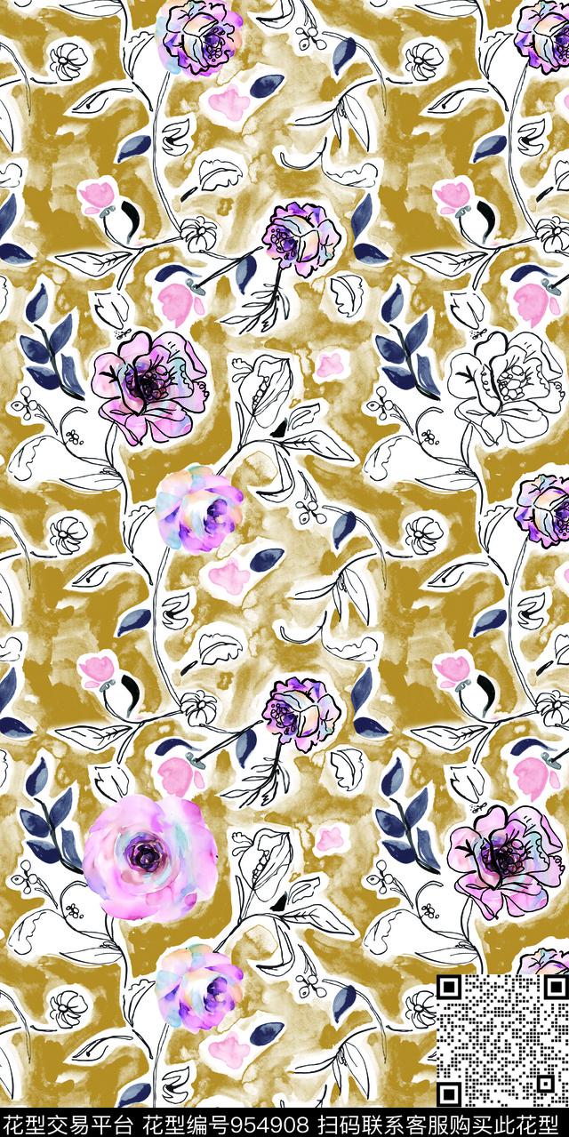 手绘花卉水彩风数码印花华亿平台下载（图片编号: 954908） - 瓦栏（Walan）