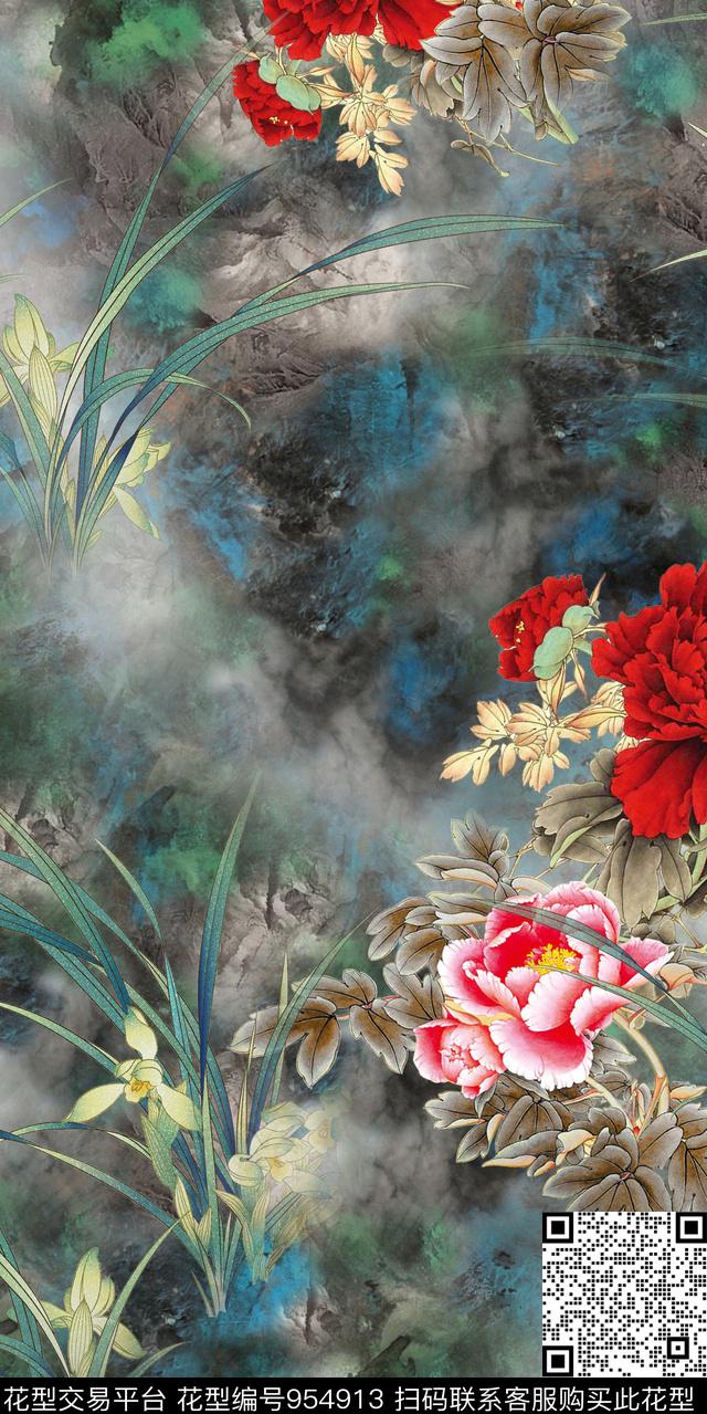 牡丹旗袍水墨风数码印花华亿平台下载（图片编号: 954913） - 瓦栏（Walan）