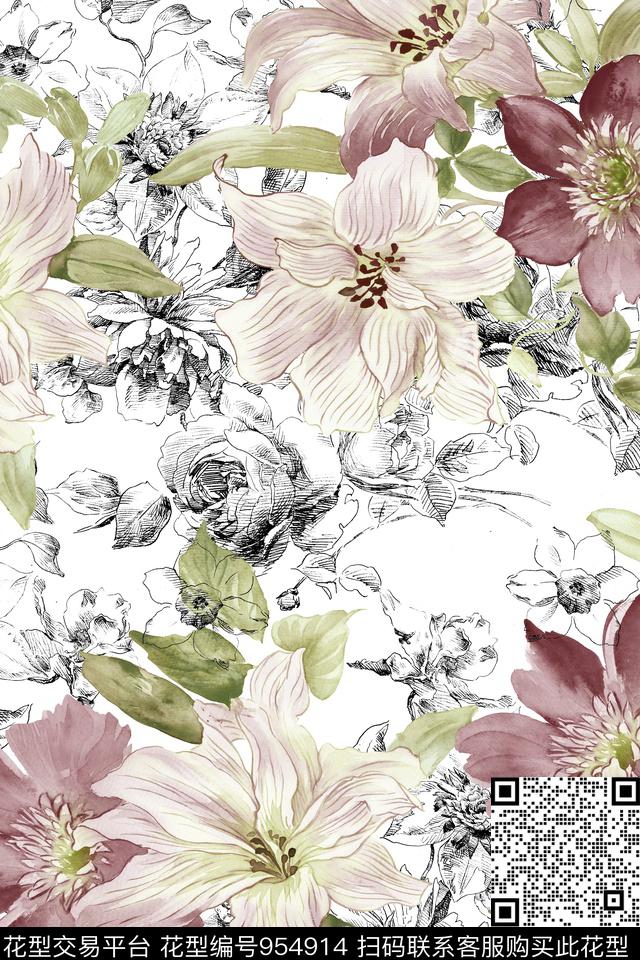 线条花卉手绘花卉年轻女性数码印花华亿平台下载（图片编号: 954914） - 瓦栏（Walan）