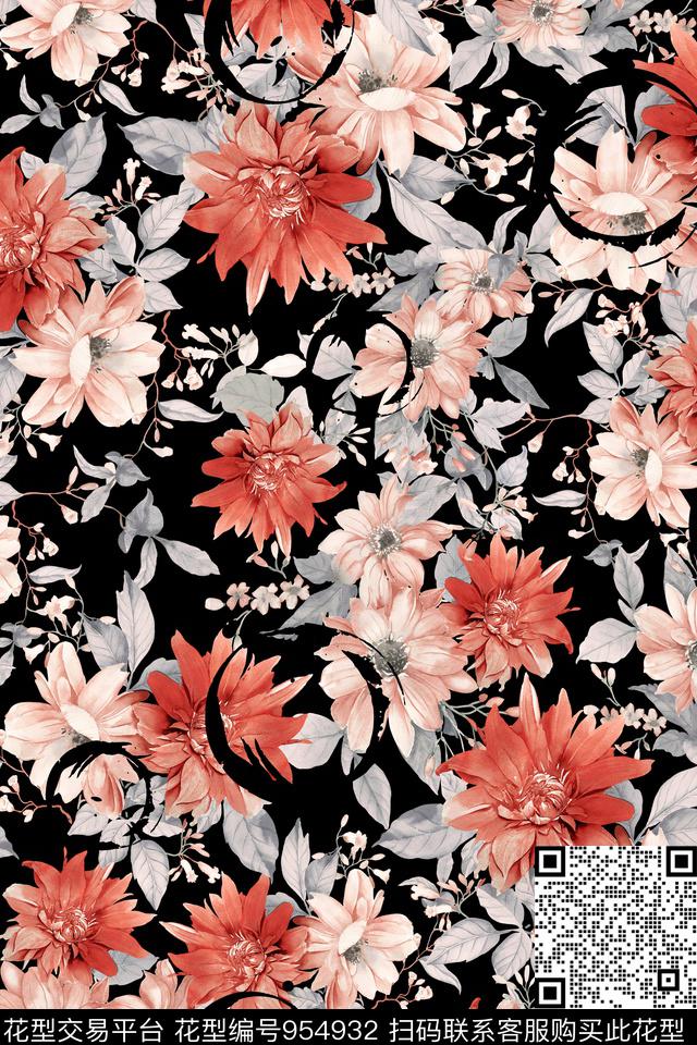 线条手绘花卉男装数码印花华亿平台下载（图片编号: 954932） - 瓦栏（Walan）