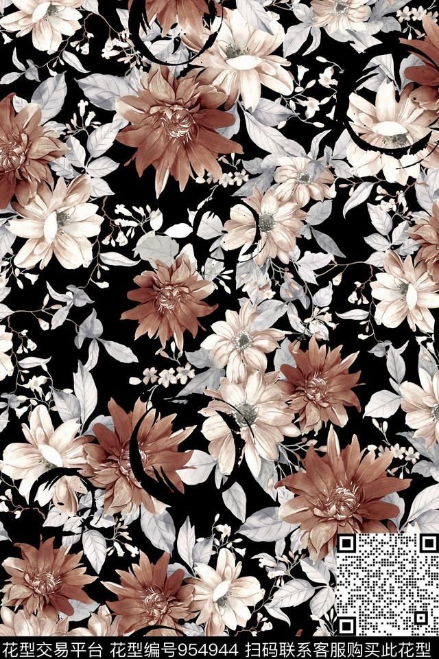 线条手绘花卉男装数码印花华亿平台下载（图片编号: 954944） - 瓦栏（Walan）