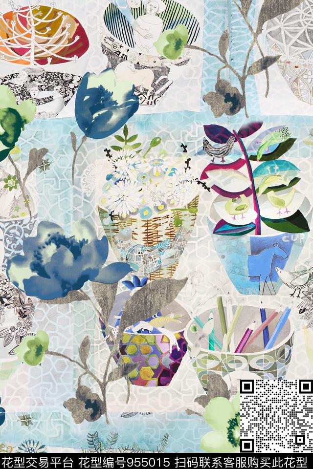 趣味花卉花盆数码印花华亿平台下载（图片编号: 955015） - 瓦栏（Walan）