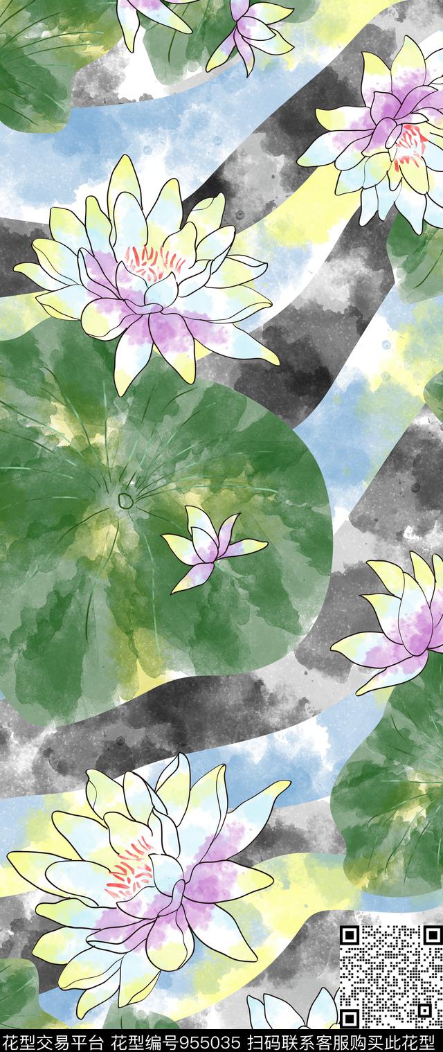 水彩花卉荷花长巾数码印花华亿平台下载（图片编号: 955035） - 瓦栏（Walan）