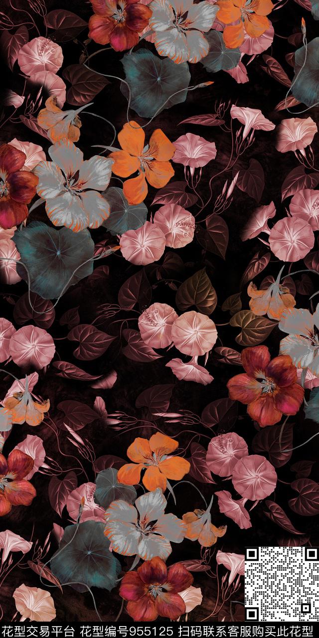 数码华亿平台牵牛花满版散花数码印花华亿平台下载（图片编号: 955125） - 瓦栏（Walan）