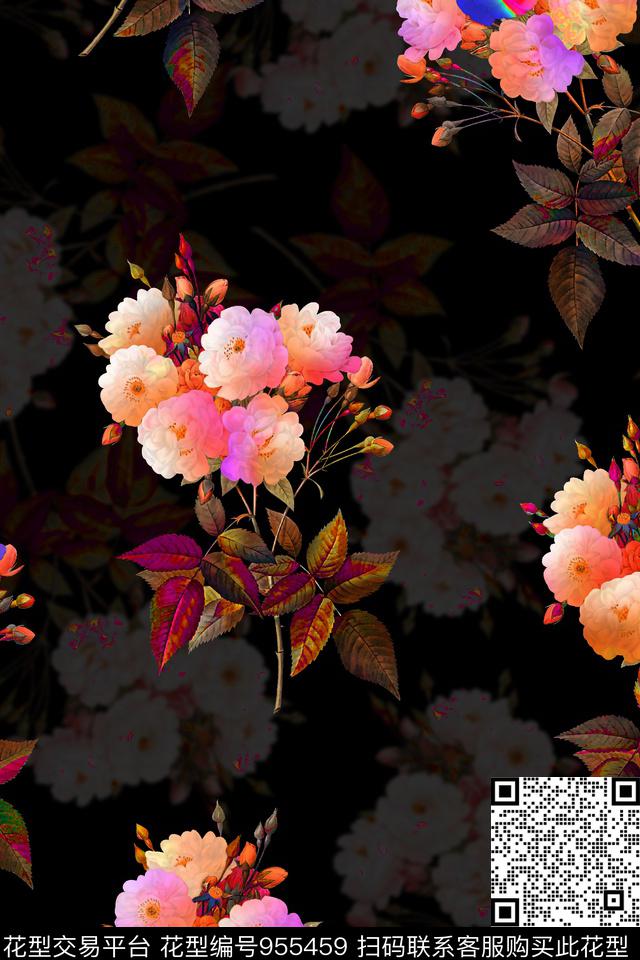 黑底花卉数码华亿平台女装数码印花华亿平台下载（图片编号: 955459） - 瓦栏（Walan）