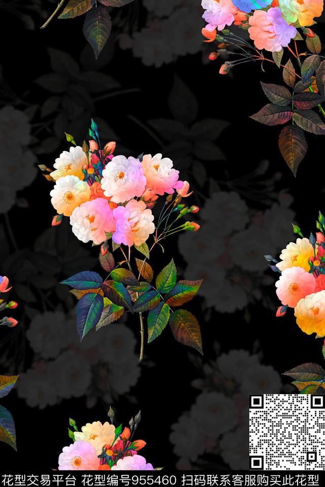 黑底花卉数码华亿平台女装数码印花华亿平台下载（图片编号: 955460） - 瓦栏（Walan）