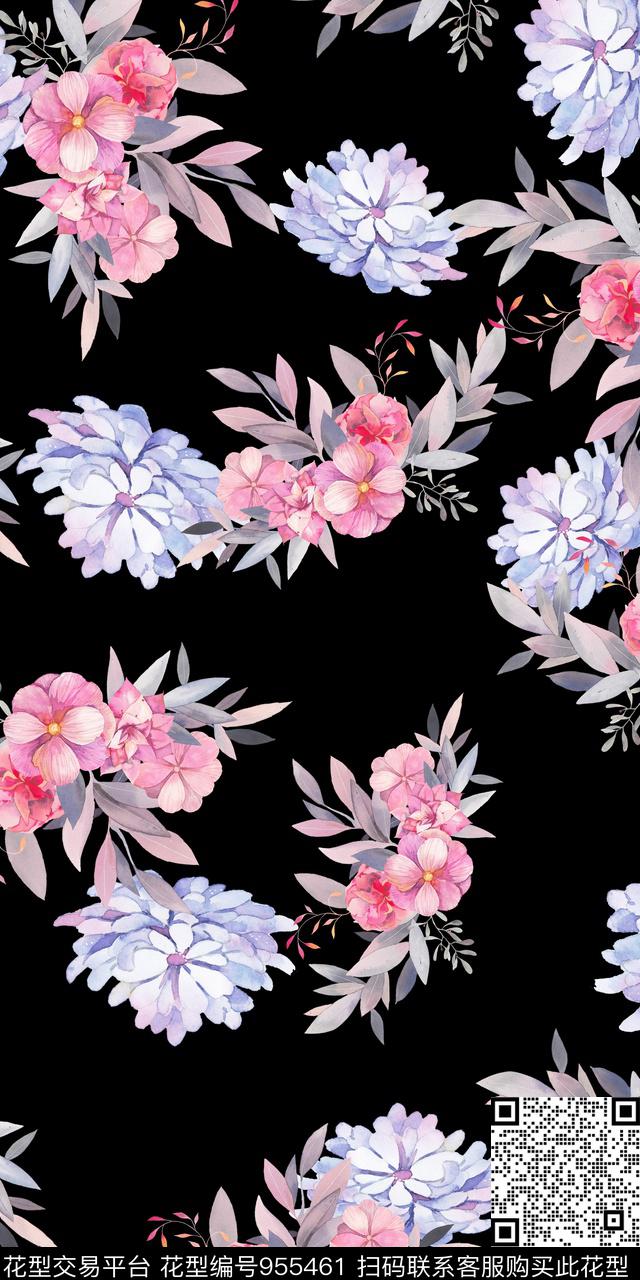 黑底花卉小碎花手绘花卉数码印花华亿平台下载（图片编号: 955461） - 瓦栏（Walan）