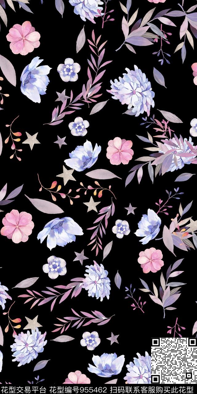 黑底花卉小碎花手绘花卉数码印花华亿平台下载（图片编号: 955462） - 瓦栏（Walan）