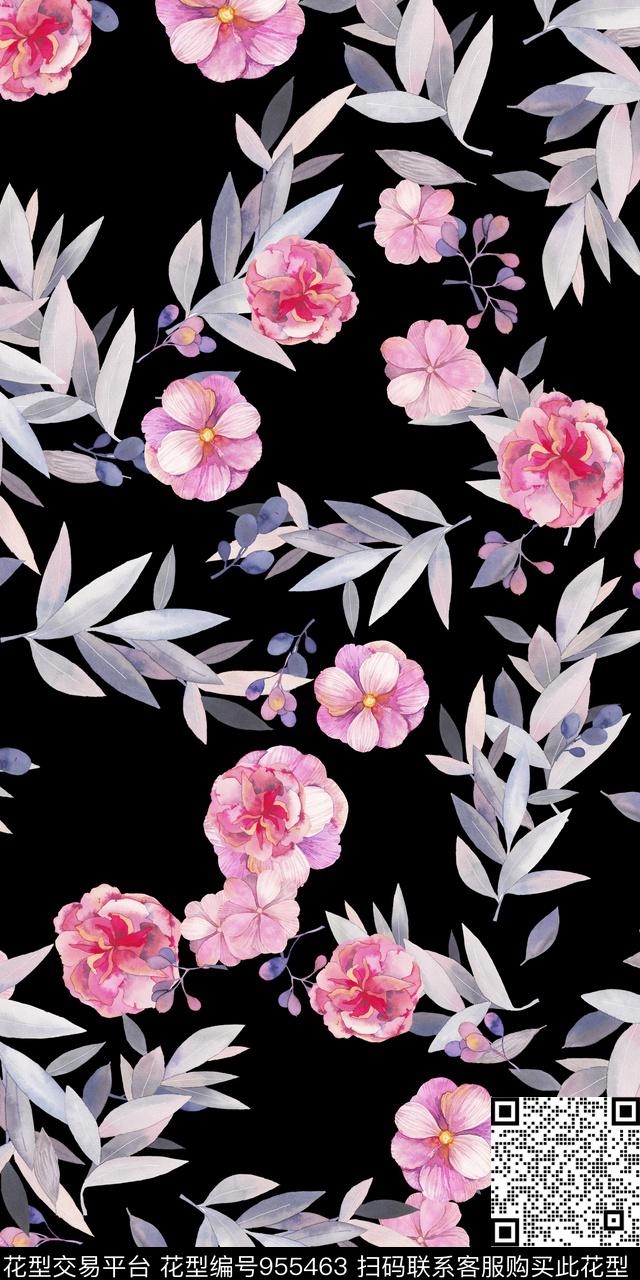 黑底花卉小碎花手绘花卉数码印花华亿平台下载（图片编号: 955463） - 瓦栏（Walan）