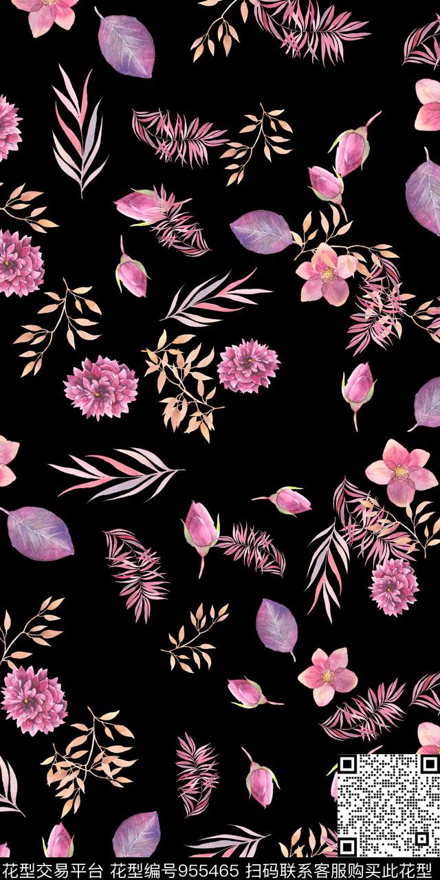 黑底花卉小碎花手绘花卉数码印花华亿平台下载（图片编号: 955465） - 瓦栏（Walan）