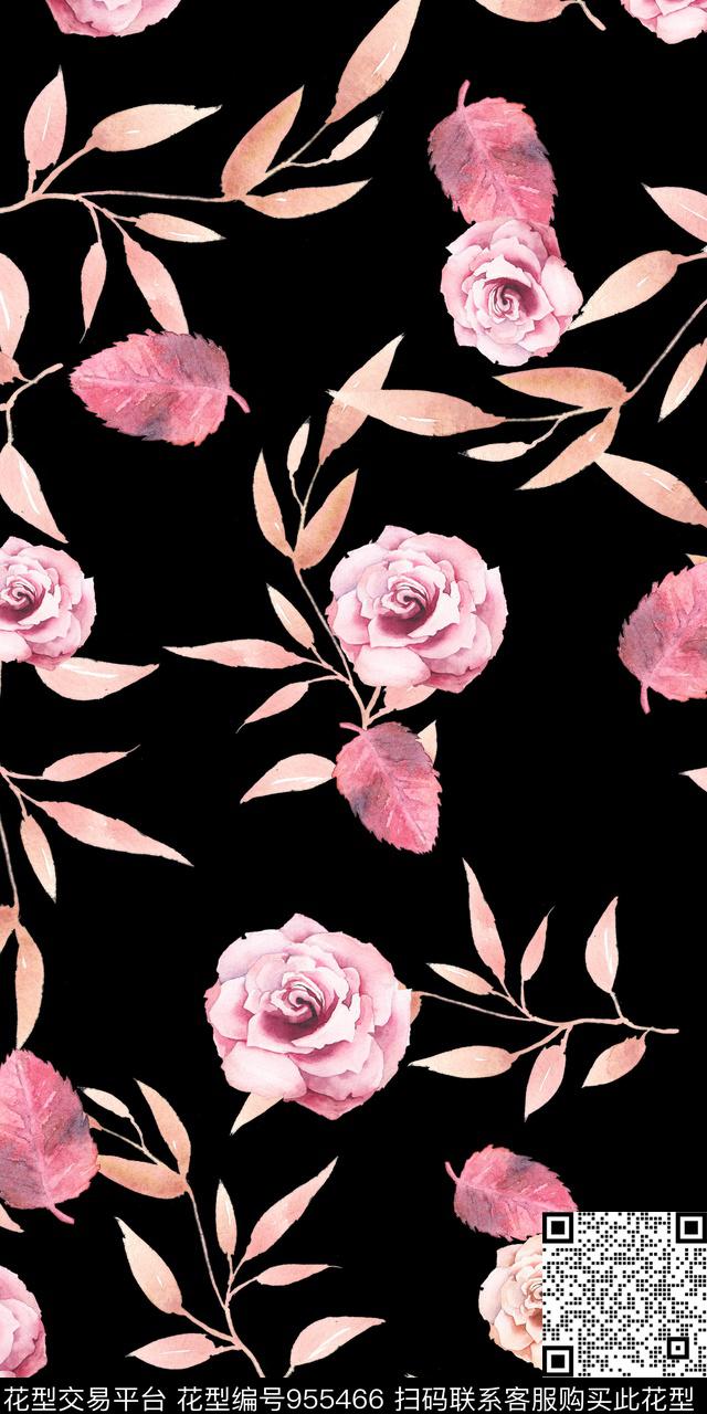 黑底花卉小碎花手绘花卉数码印花华亿平台下载（图片编号: 955466） - 瓦栏（Walan）