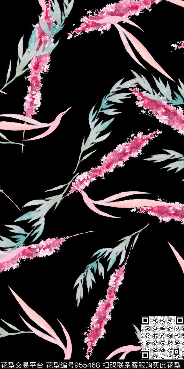 黑底花卉小碎花手绘花卉数码印花华亿平台下载（图片编号: 955468） - 瓦栏（Walan）