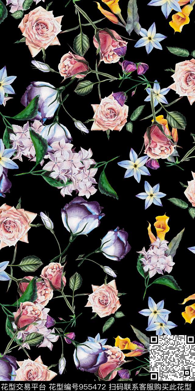 黑底花卉小碎花手绘花卉数码印花华亿平台下载（图片编号: 955472） - 瓦栏（Walan）