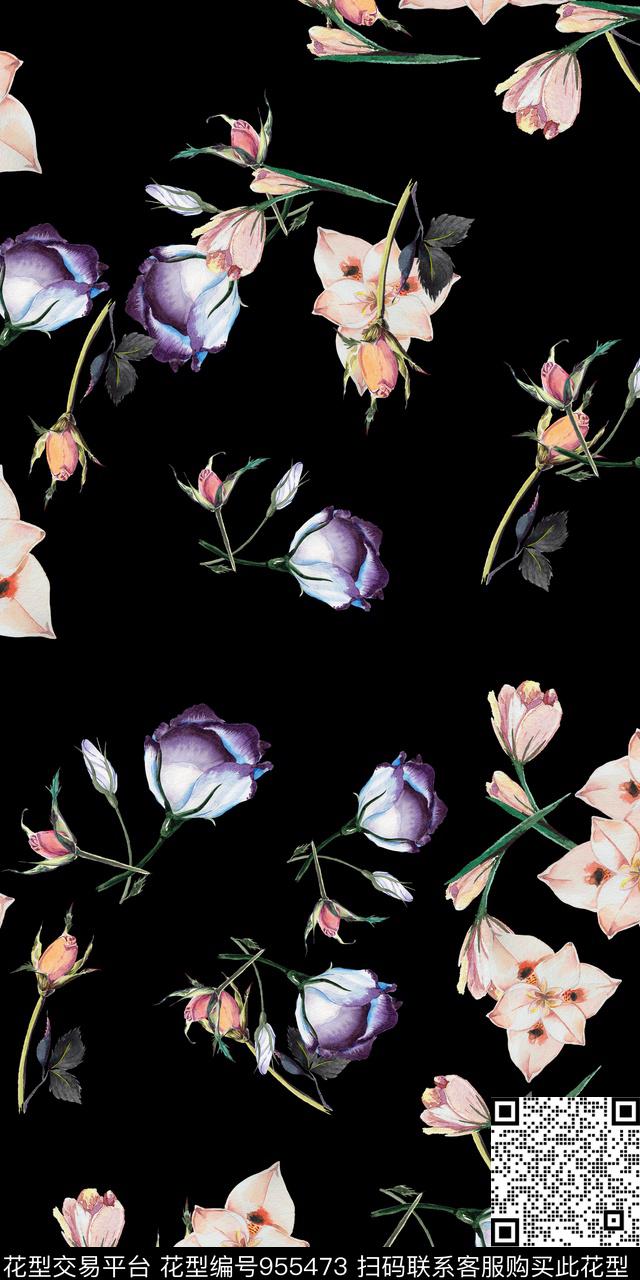 黑底花卉小碎花手绘花卉数码印花华亿平台下载（图片编号: 955473） - 瓦栏（Walan）