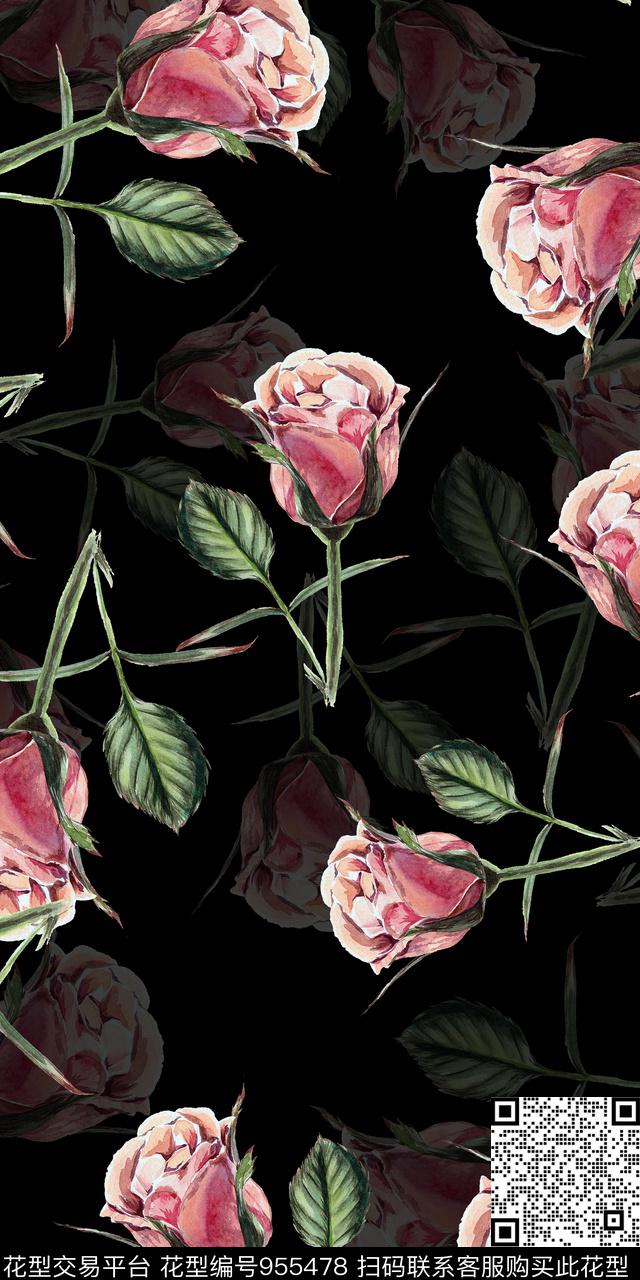 黑底花卉小碎花手绘花卉数码印花华亿平台下载（图片编号: 955478） - 瓦栏（Walan）