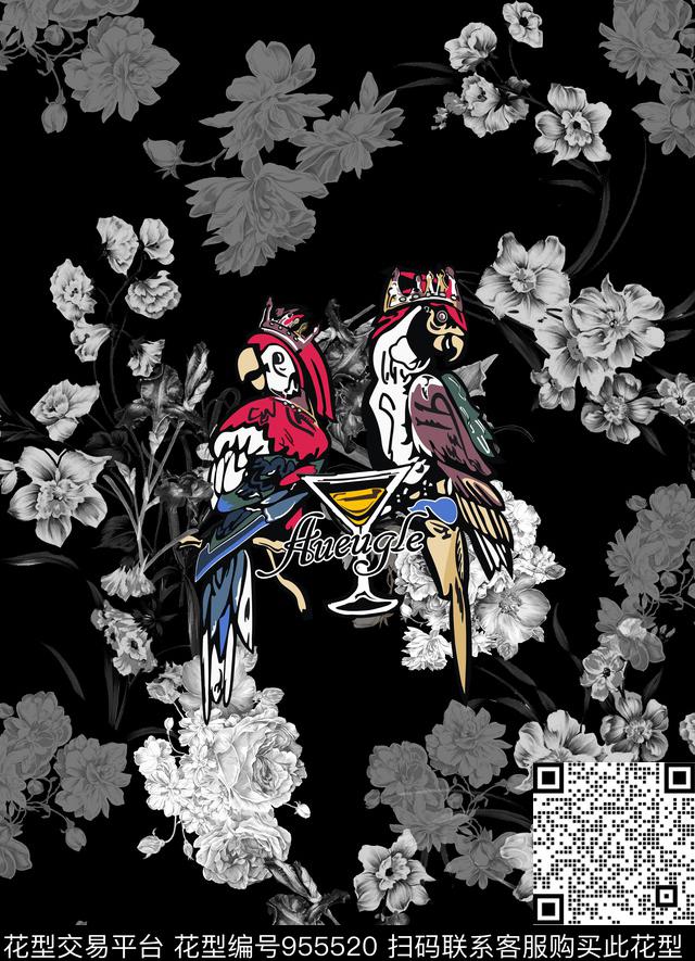 黑底花卉鸟树枝数码印花华亿平台下载（图片编号: 955520） - 瓦栏（Walan）