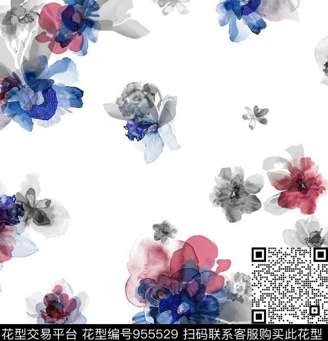 朦胧花卉抽象水彩花卉数码印花华亿平台下载（图片编号: 955529） - 瓦栏（Walan）