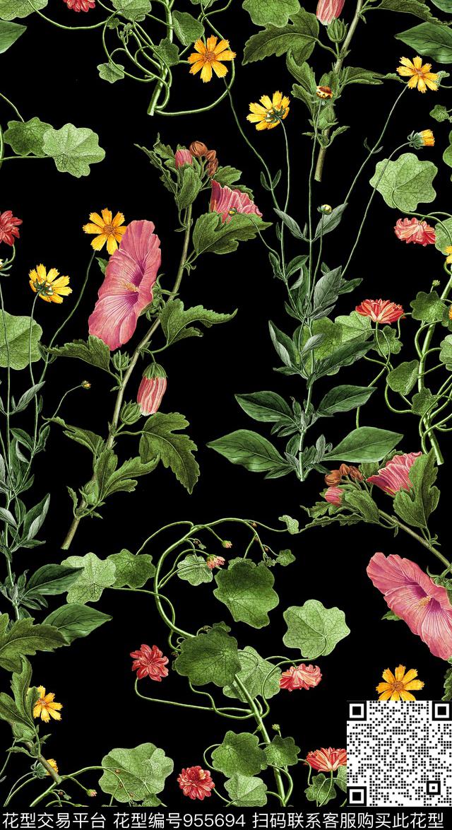 黑底花卉手绘花卉大牌风数码印花华亿平台下载（图片编号: 955694） - 瓦栏（Walan）