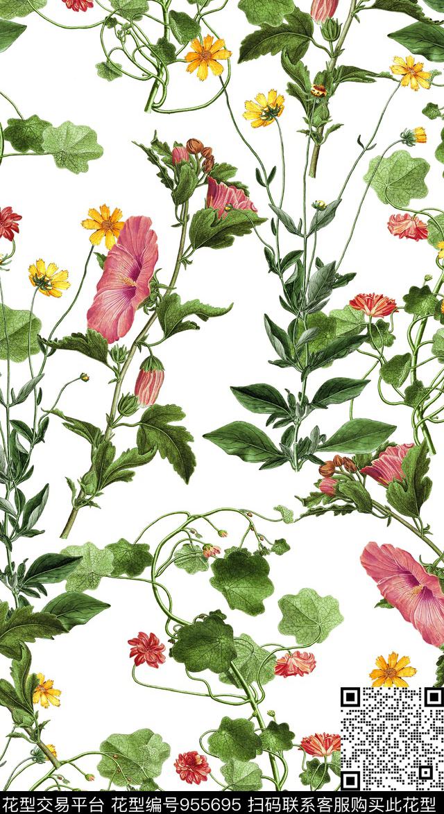 黑底花卉手绘花卉大牌风数码印花华亿平台下载（图片编号: 955695） - 瓦栏（Walan）