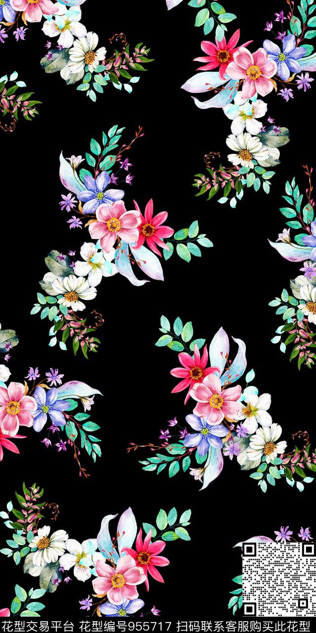 黑底花卉小碎花手绘花卉数码印花华亿平台下载（图片编号: 955717） - 瓦栏（Walan）