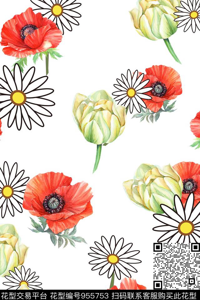 郁金香手绘花卉小雏菊数码印花华亿平台下载（图片编号: 955753） - 瓦栏（Walan）