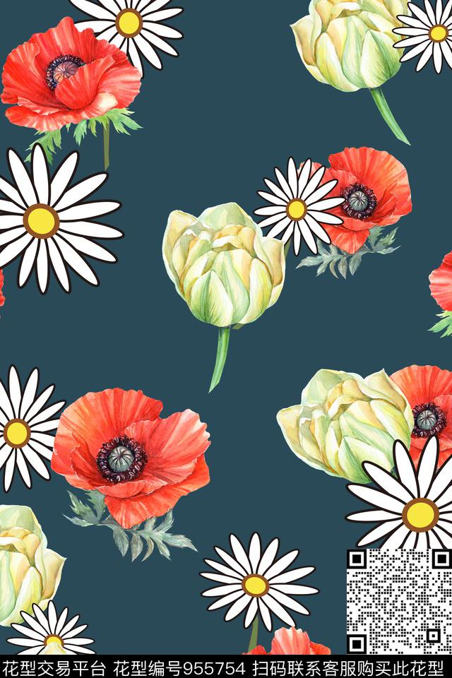 郁金香手绘花卉小雏菊数码印花华亿平台下载（图片编号: 955754） - 瓦栏（Walan）
