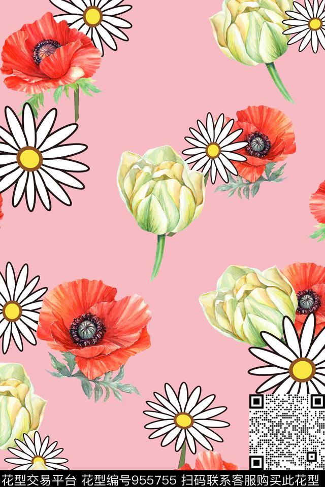 郁金香手绘花卉小雏菊数码印花华亿平台下载（图片编号: 955755） - 瓦栏（Walan）