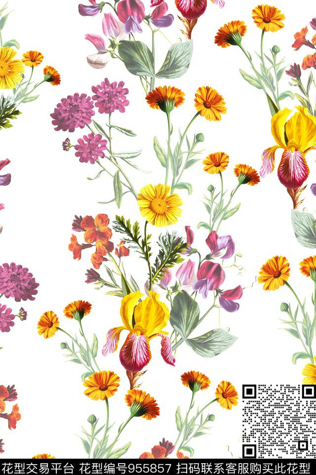 数码华亿平台手绘花卉清爽底花卉数码印花华亿平台下载（图片编号: 955857） - 瓦栏（Walan）