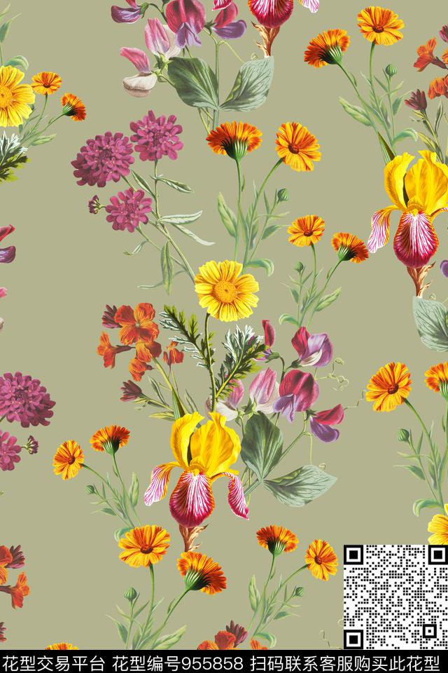 数码华亿平台手绘花卉清爽底花卉数码印花华亿平台下载（图片编号: 955858） - 瓦栏（Walan）