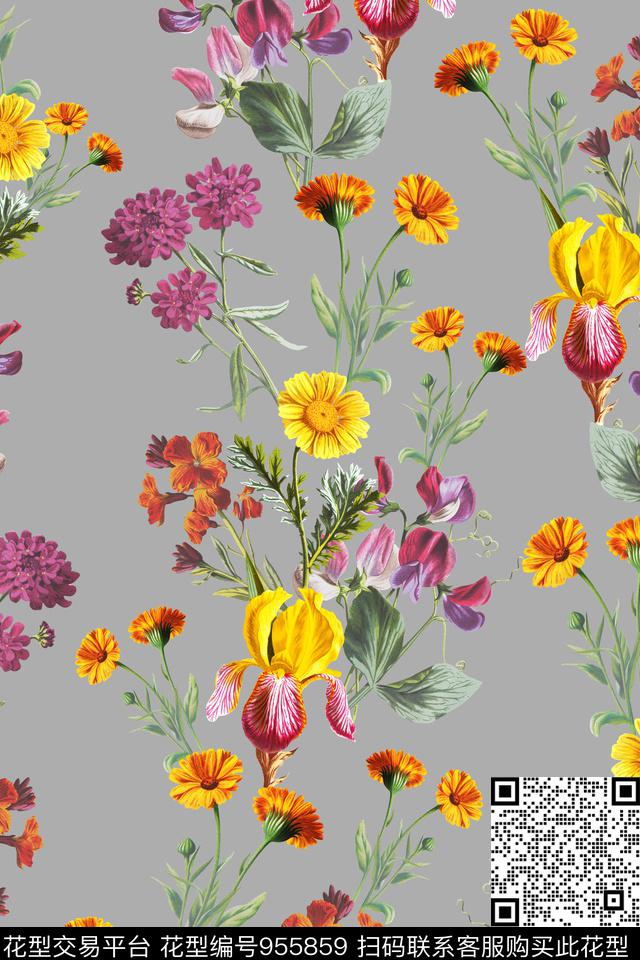 数码华亿平台手绘花卉清爽底花卉数码印花华亿平台下载（图片编号: 955859） - 瓦栏（Walan）