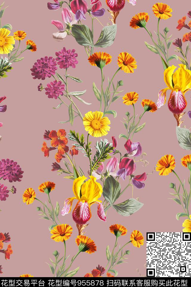 数码华亿平台手绘花卉清爽底花卉数码印花华亿平台下载（图片编号: 955878） - 瓦栏（Walan）