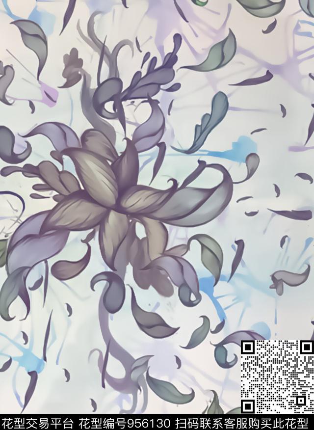泼墨创意手绘花卉数码印花华亿平台下载（图片编号: 956130） - 瓦栏（Walan）