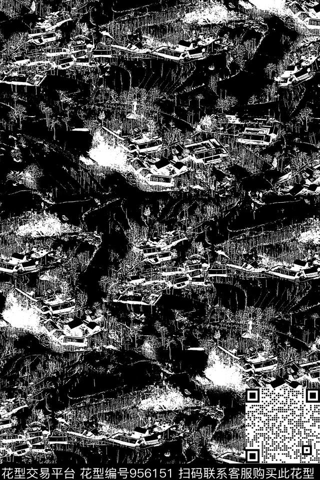 男装水墨风黑白系列数码印花华亿平台下载（图片编号: 956151） - 瓦栏（Walan）
