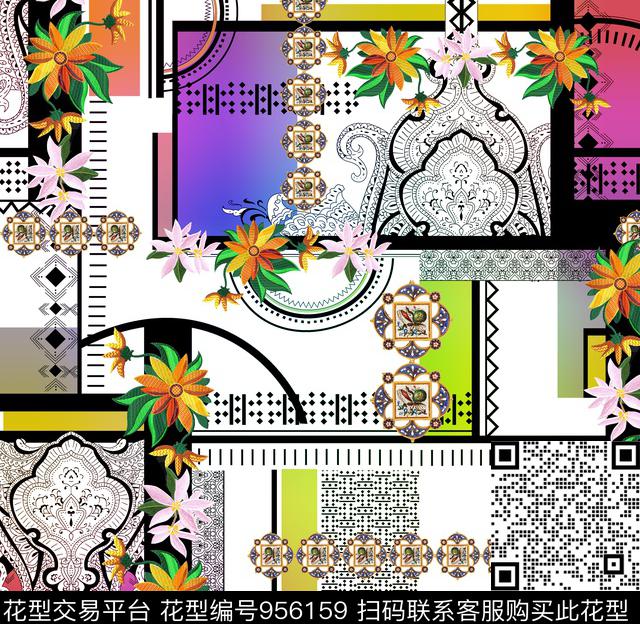 绣花华亿平台几何混合拼接数码印花华亿平台下载（图片编号: 956159） - 瓦栏（Walan）
