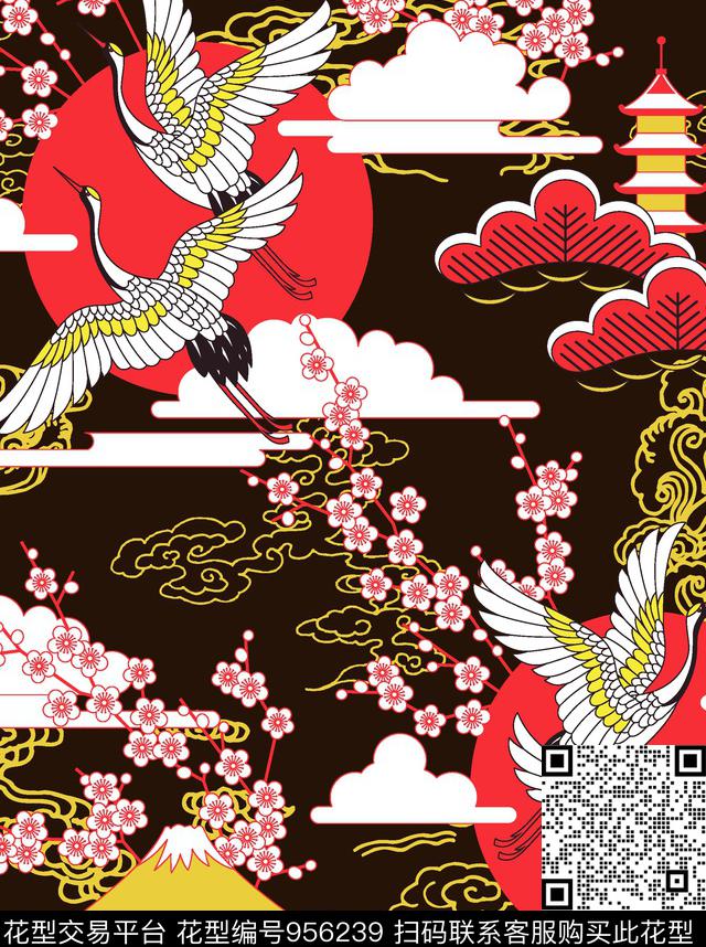 梅花仙鹤年轻女性数码印花华亿平台下载（图片编号: 956239） - 瓦栏（Walan）