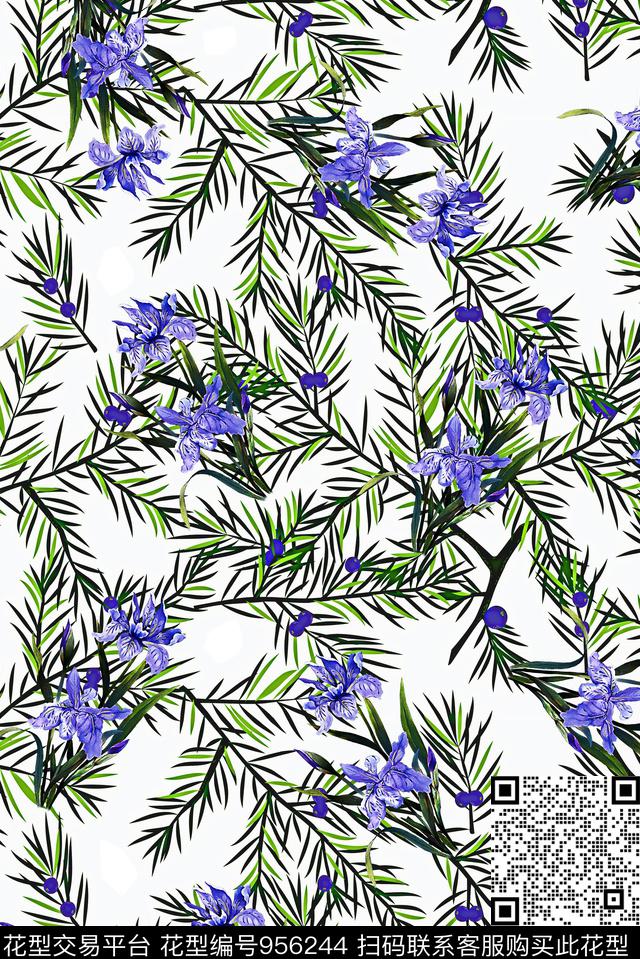 水彩花卉女装绿叶植物数码印花华亿平台下载（图片编号: 956244） - 瓦栏（Walan）
