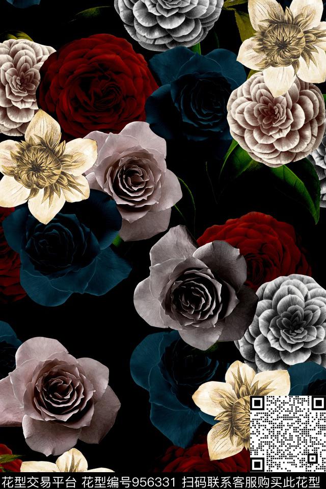 数码华亿平台大花花卉数码印花华亿平台下载（图片编号: 956331） - 瓦栏（Walan）