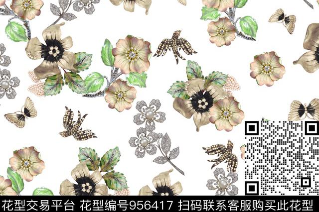 鸟花卉珠宝宝石数码印花华亿平台下载（图片编号: 956417） - 瓦栏（Walan）
